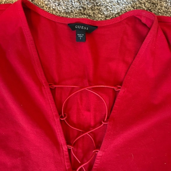 Red guess long sleeve deep V-neck lace bodysuit - Picture 3 of 5